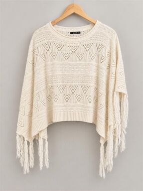 SHEIN Cream Open-Knit Fringe Sweater Poncho Top
